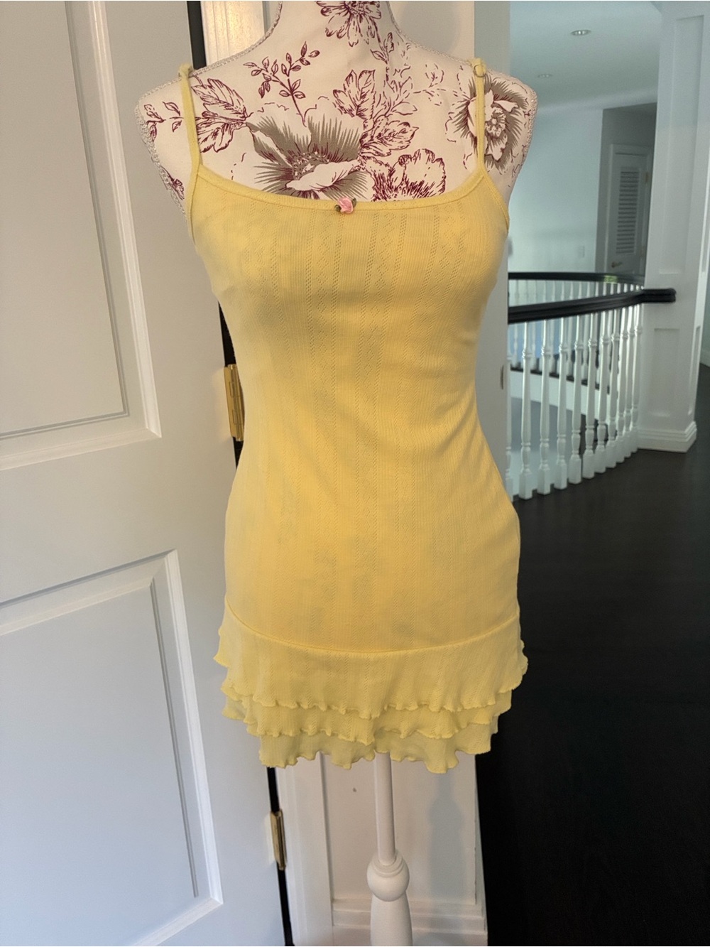 Edikted Pale Yellow Ribbed Ruffle-Hem Mini Dress - Picture 2 of 4